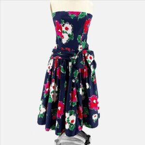 Patty O'Neil Floral Strapless Navy Blue Dress Kentucky Derby Prom 80s Vtg 6